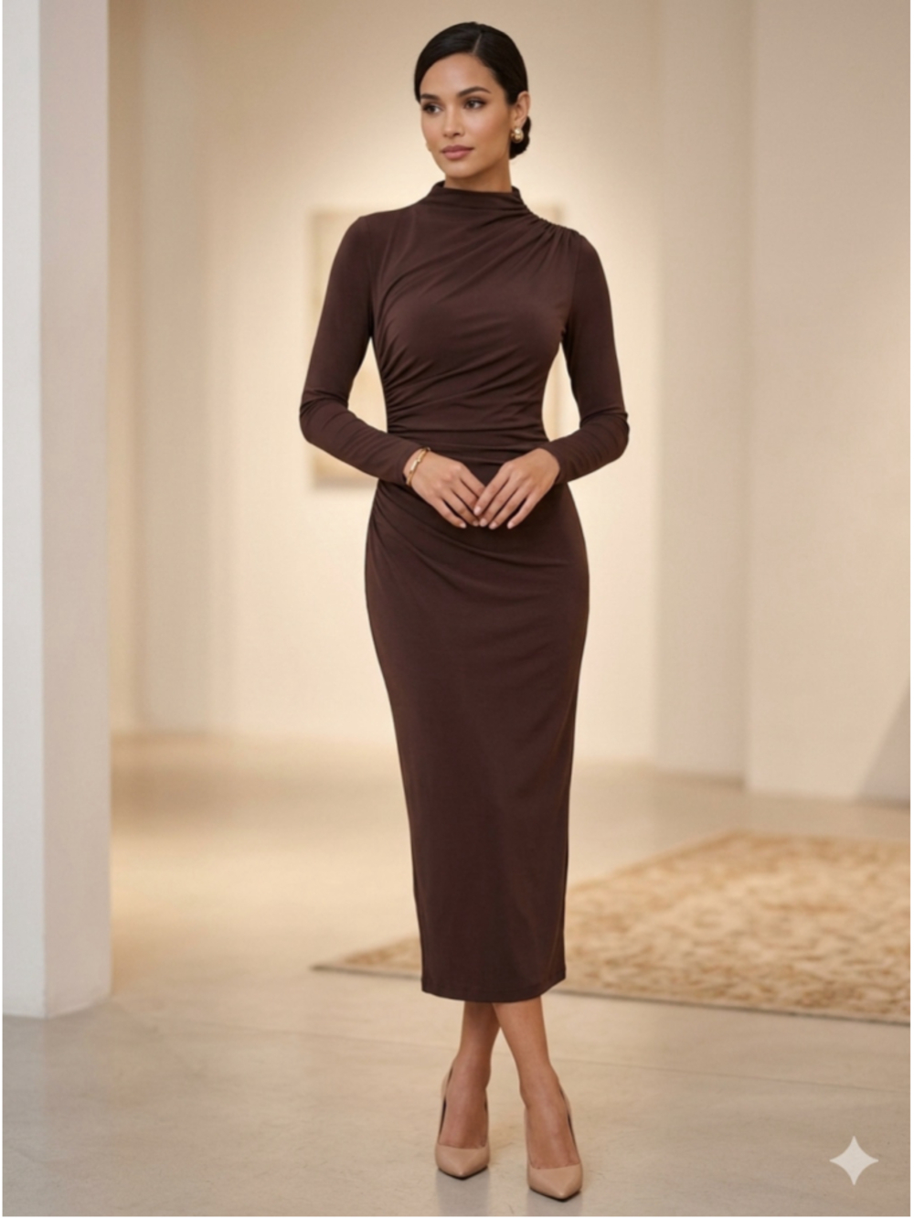 Women's Zara Brown Long Sleeve Ruched Midi Dress Size M 1982
